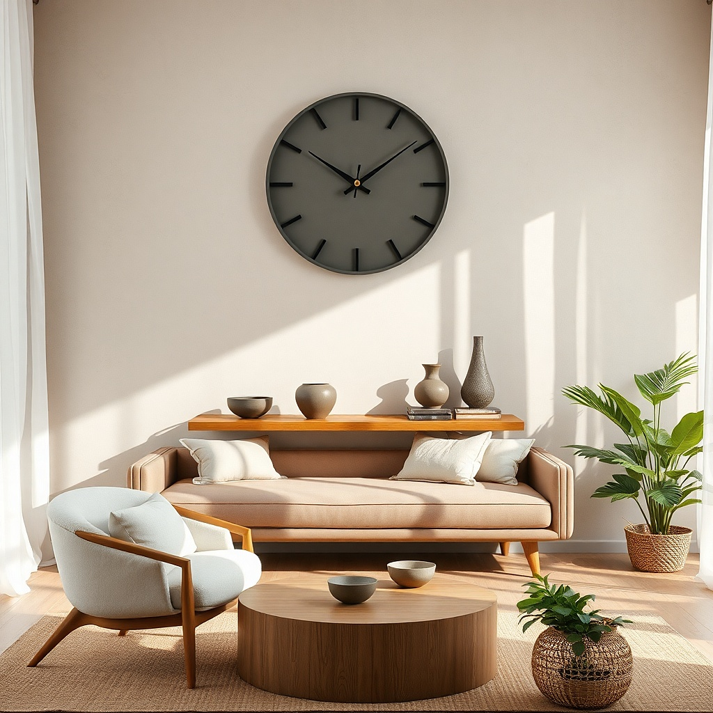 Large matte wall clock centered above a sofa