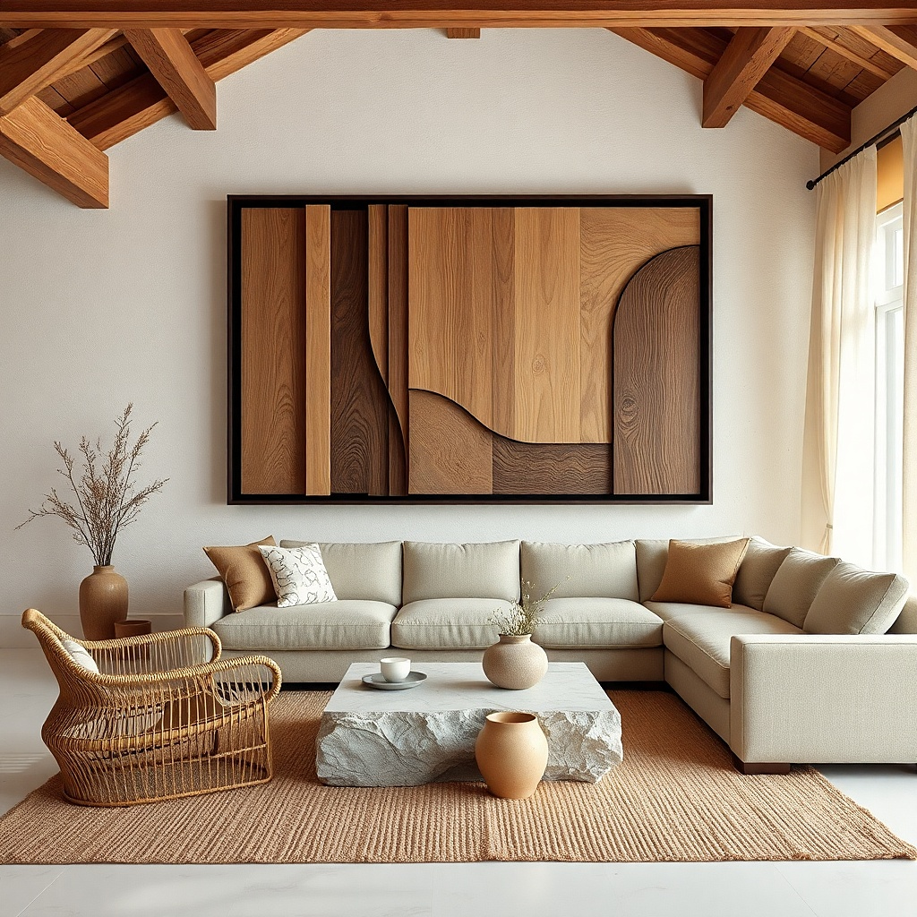 Large textured wood panel art on a living room wall
