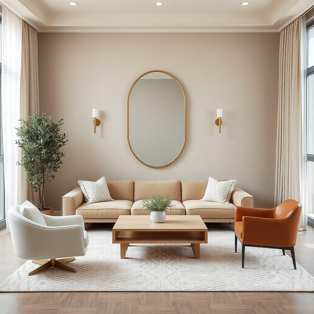 Oval mirror with framed edge on a living room wall