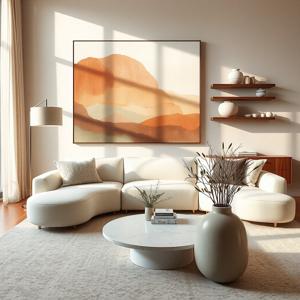 Large abstract artwork in warm wood frame with thick mat