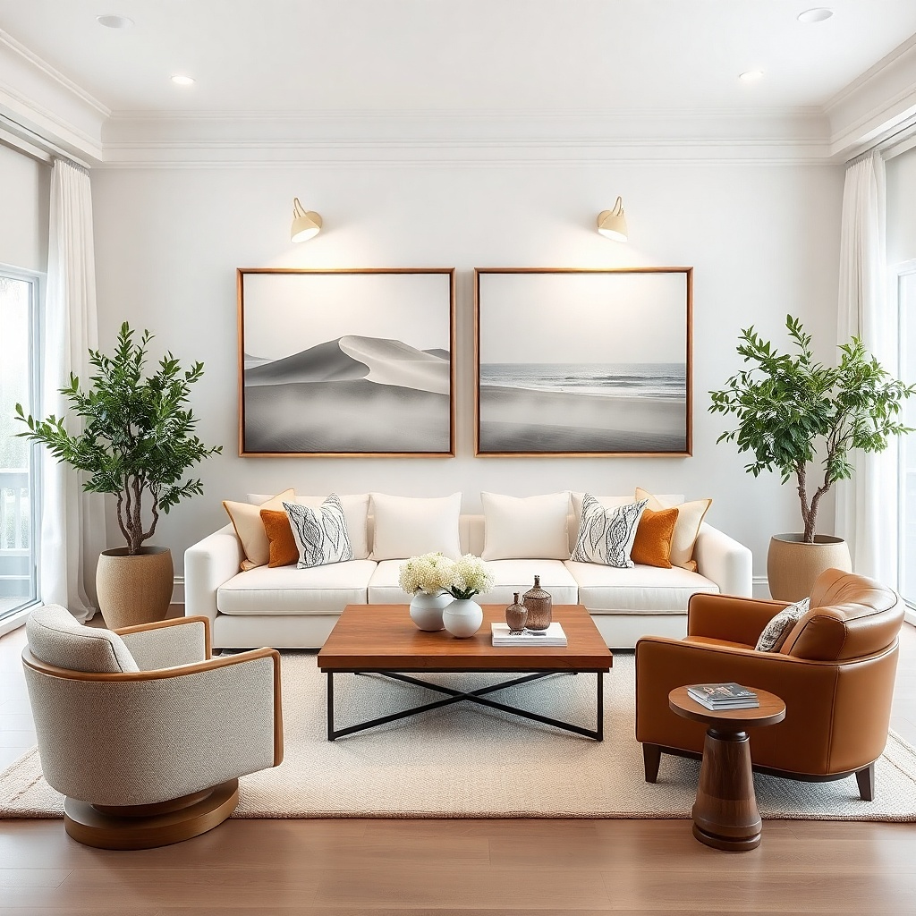 Two matching framed prints hung side-by-side above a sofa