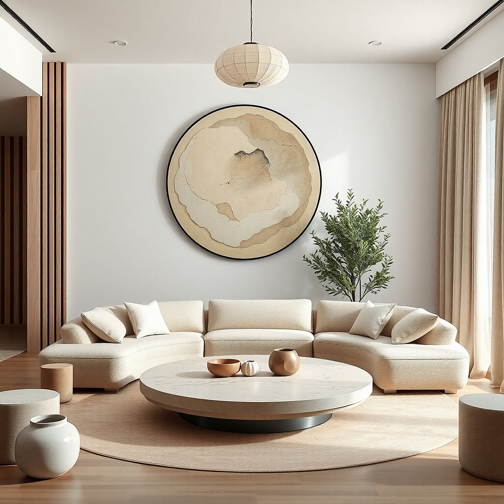 Large circular artwork in a slim frame on a living room wall