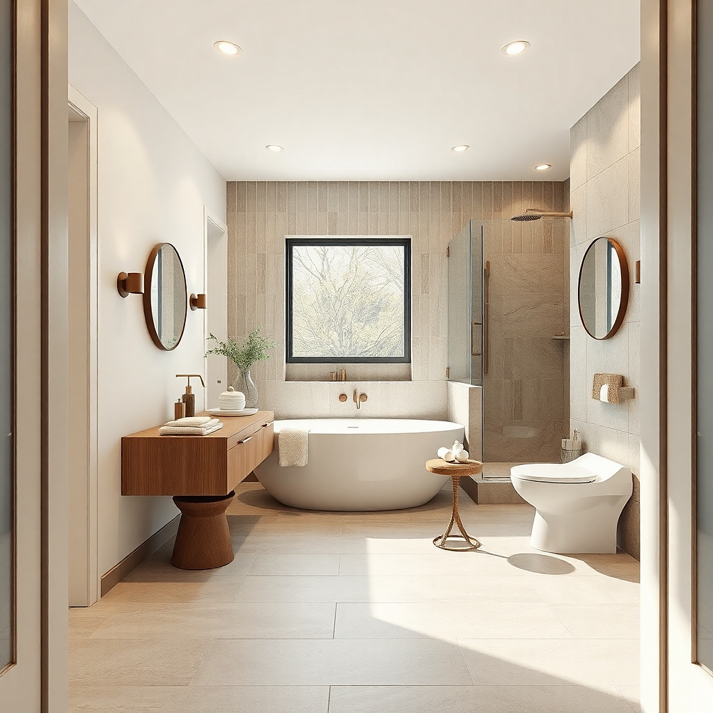 Soft greige bathroom with a white freestanding tub centered on the long wall