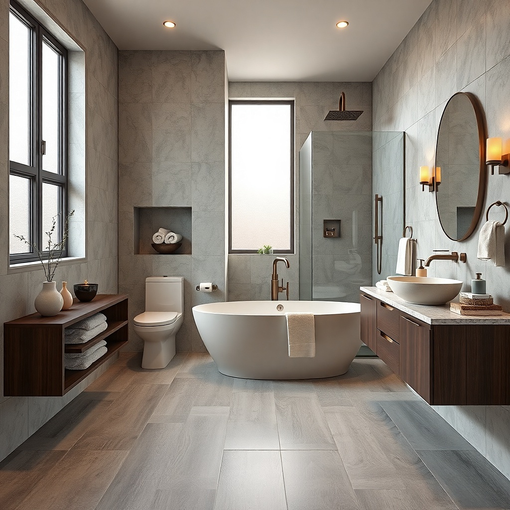 Freestanding tub placed beside a toilet with a narrow walkway to the vanity