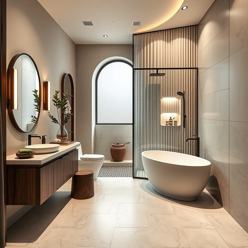 White freestanding tub near a corner with a tall fluted screen behind it