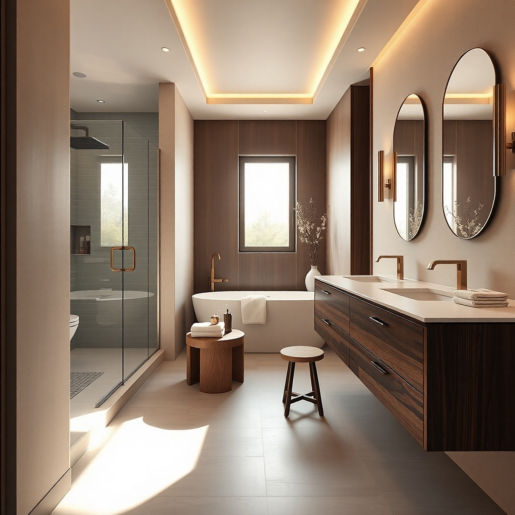 Freestanding tub at the end of a vanity wall in a narrow bathroom