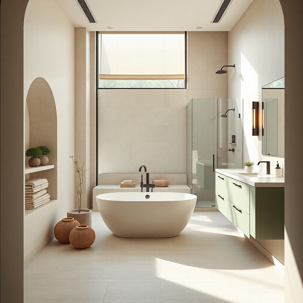 Freestanding tub positioned under a small window with sheer light