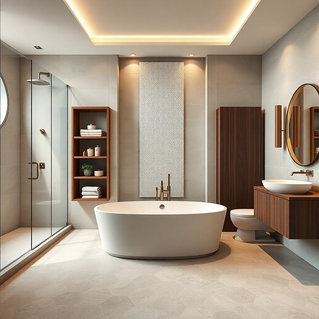 Freestanding tub with built-in shelves on both sides and a matching niche