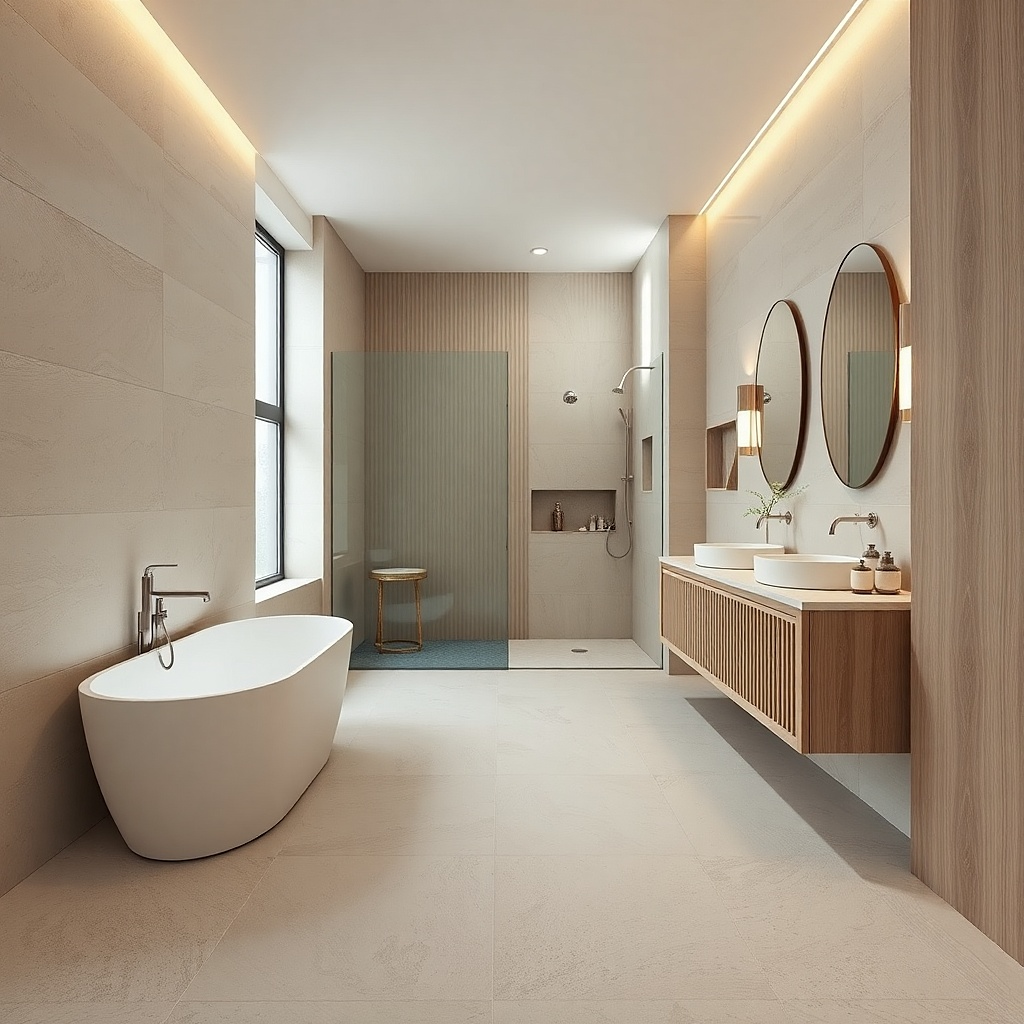 Freestanding tub runs parallel to vanity with a thin glass panel between