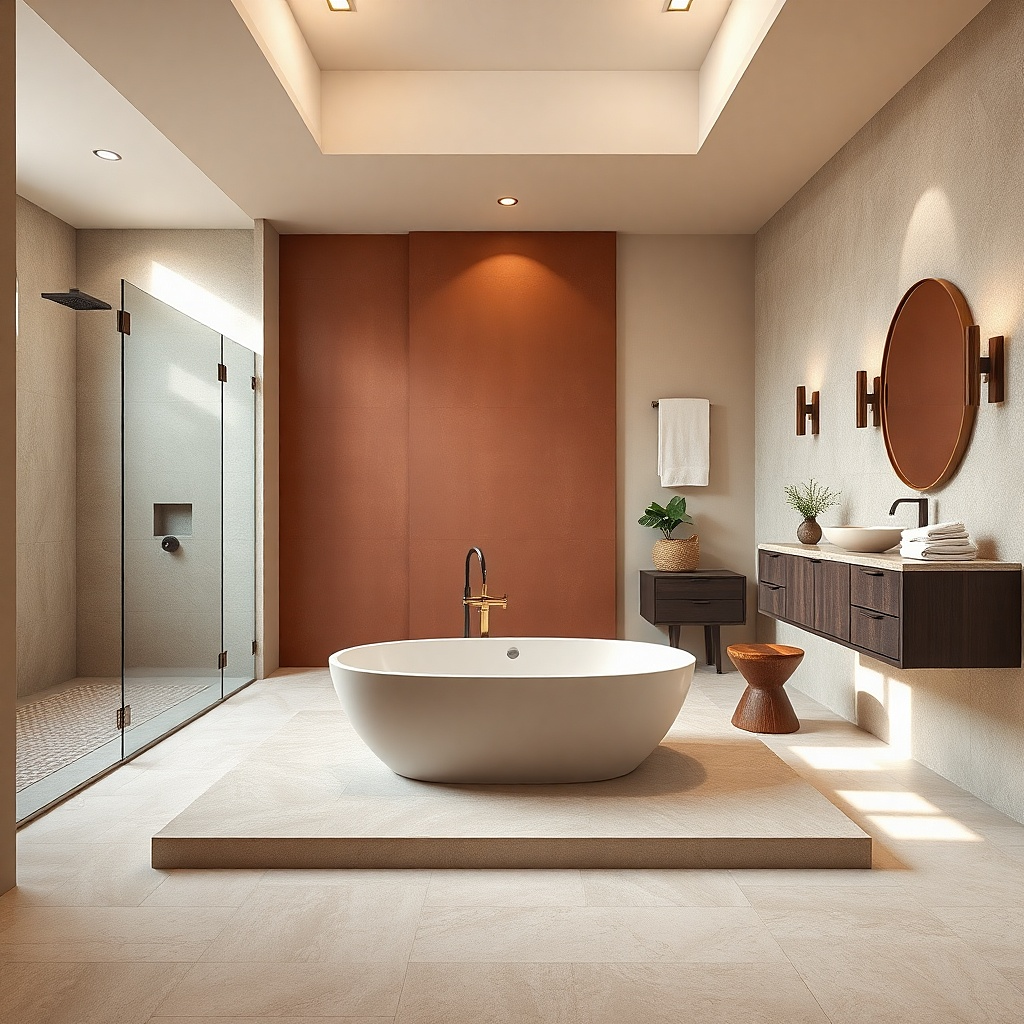 Freestanding tub on a small raised platform with hidden storage step at the side
