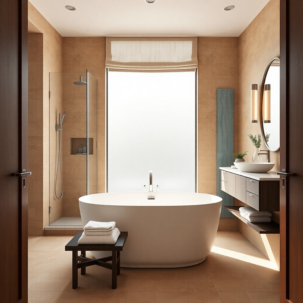 Freestanding tub facing a window with a slim bench near the door