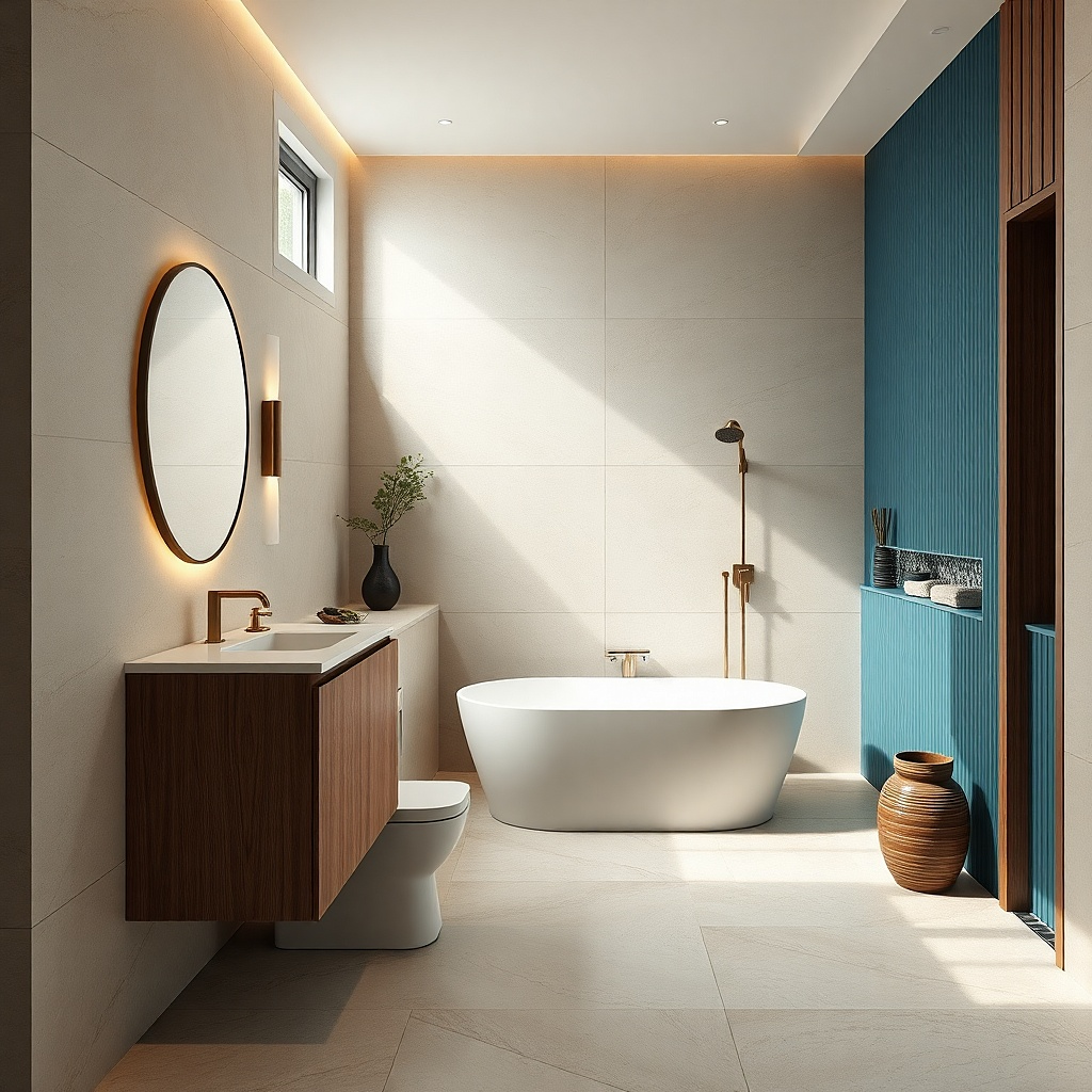 Freestanding tub with a short half-wall return creating a sheltered nook