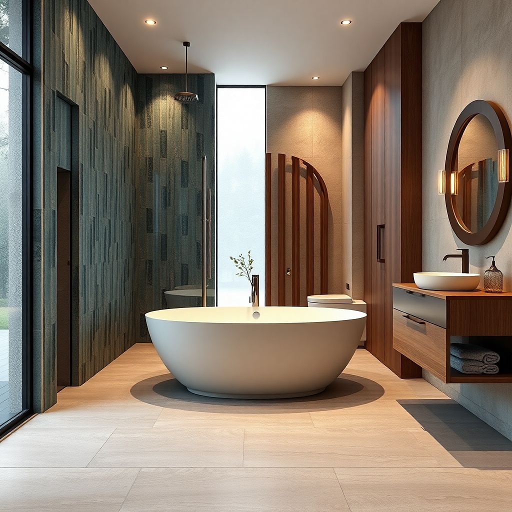 Freestanding tub on a narrow wall with a slim vanity opposite in a compact bathroom