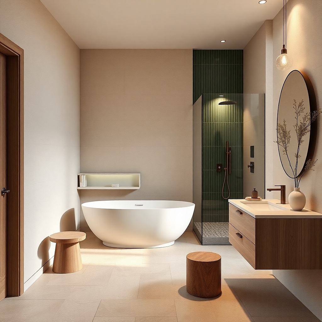 Freestanding tub sitting in a recessed alcove with matching wall tiles