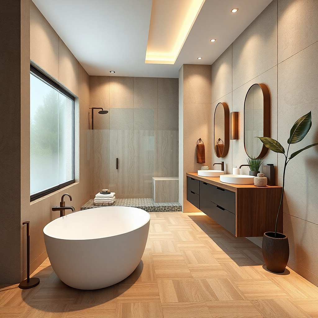 Freestanding tub beside a shower area with a built-in bench along one wall