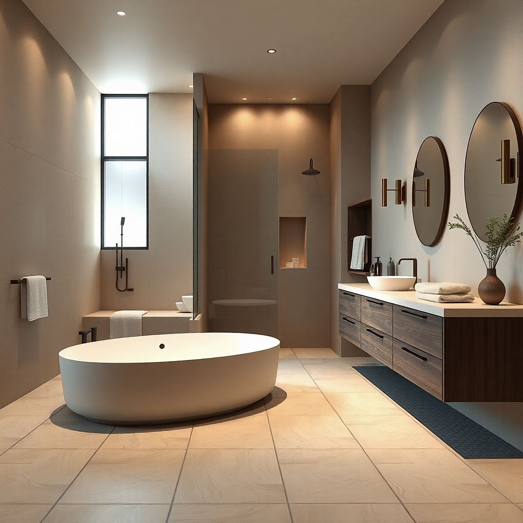 Freestanding tub facing a vanity with a mirrored wall panel behind
