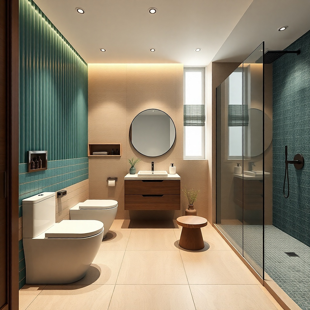 Freestanding tub along the same wall as toilet with a narrow but clear walkway