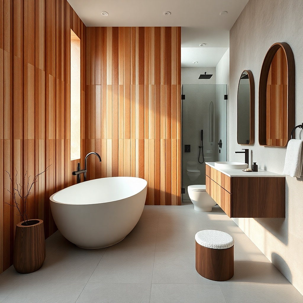 Freestanding tub near a narrow vanity nook with floor-to-ceiling tiled accent wall