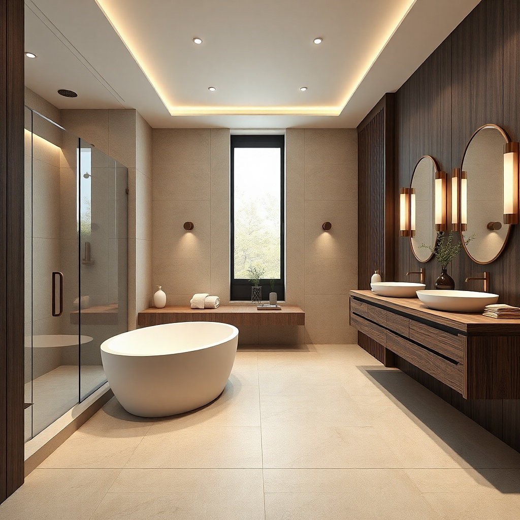 Freestanding tub under a sloped ceiling with a low glass splash rail