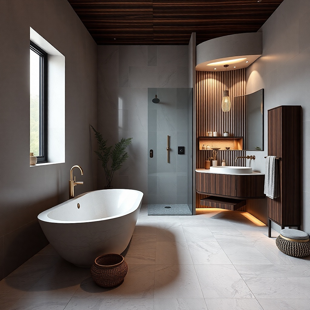 Freestanding tub paired with a floating vanity and a horizontal sconce above it