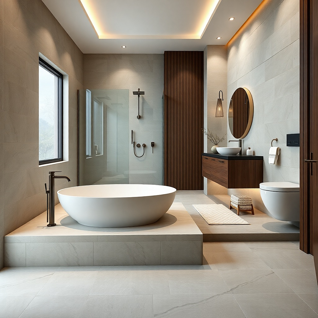 Freestanding tub on a tiled platform with a panel access side near the plumbing