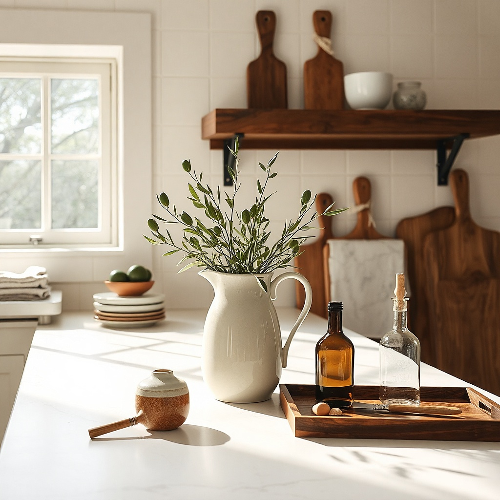 Cream ironstone pitcher beside two walnut boards on a white counter