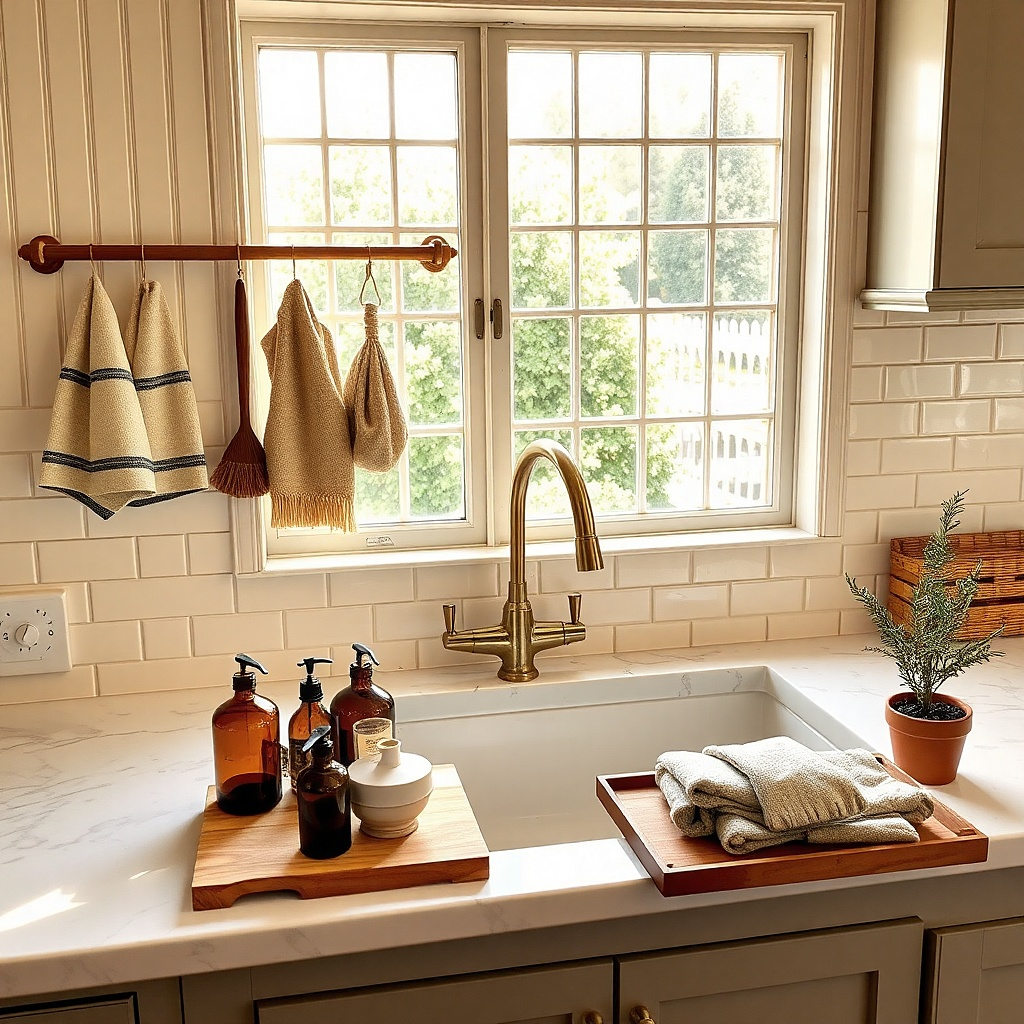 Short brass rail above a counter with a striped towel and wood brush
