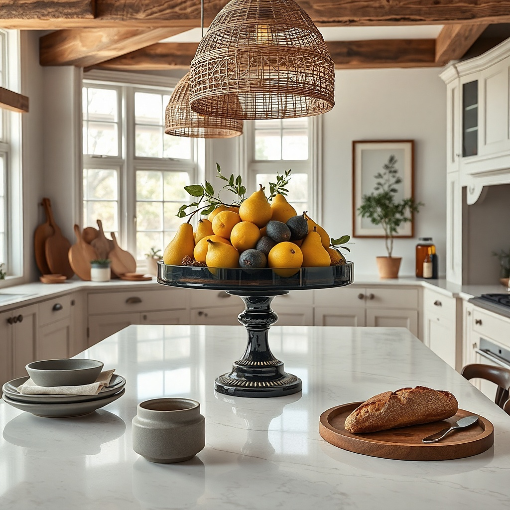 Dark glass cake stand holding lemons and garlic on a small counter