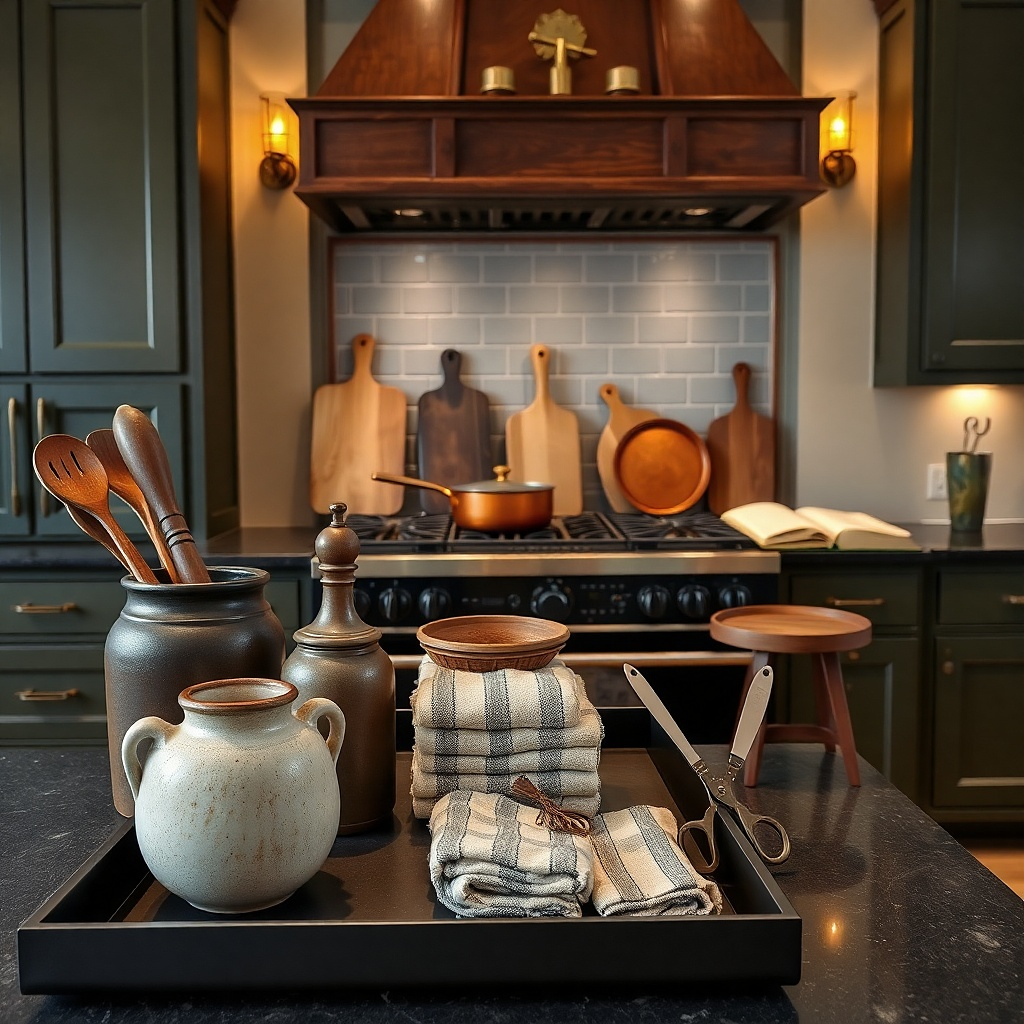 Gray stoneware crock of wooden utensils on a black tray by the stove