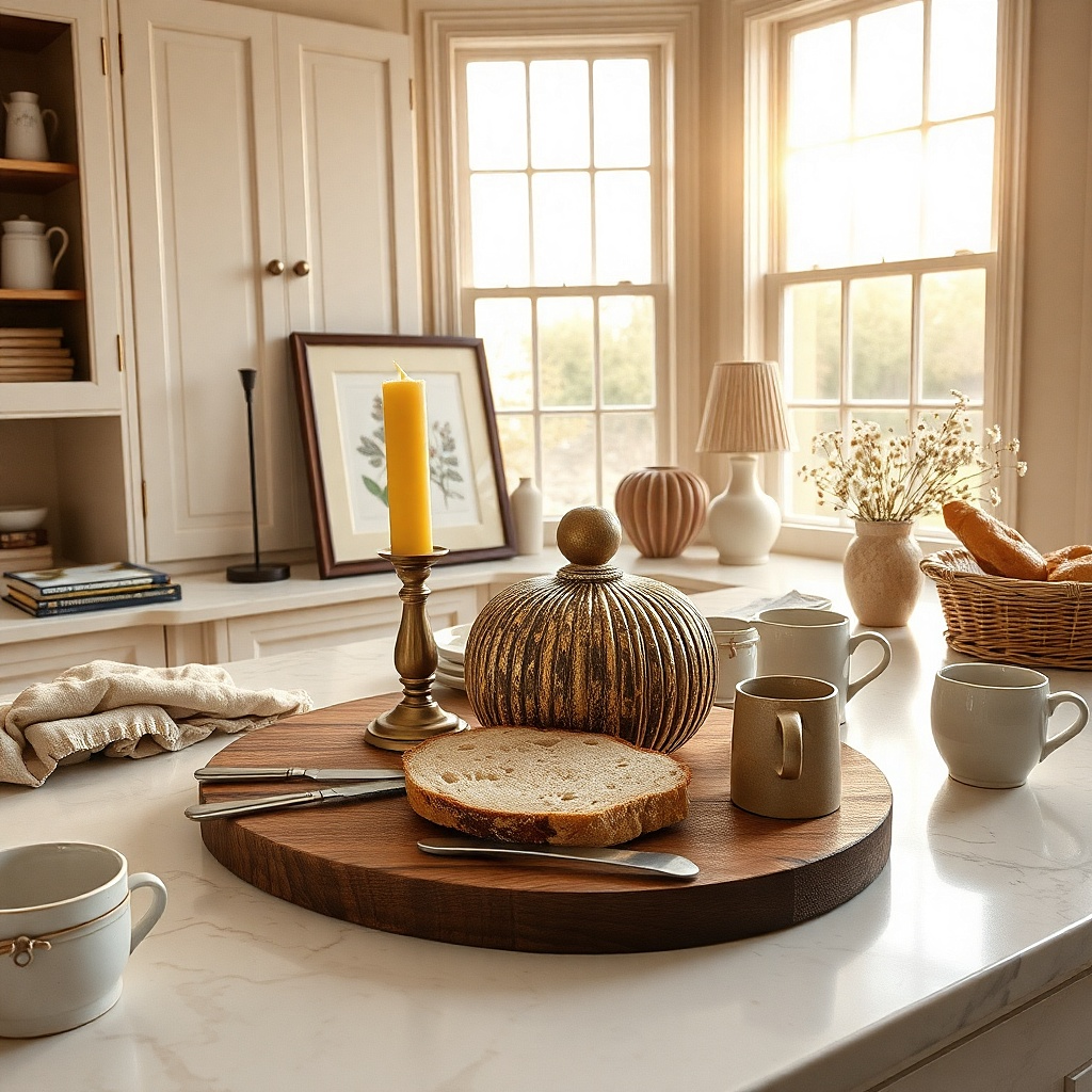 Brass candlestick next to a glass butter dome on a marble counter