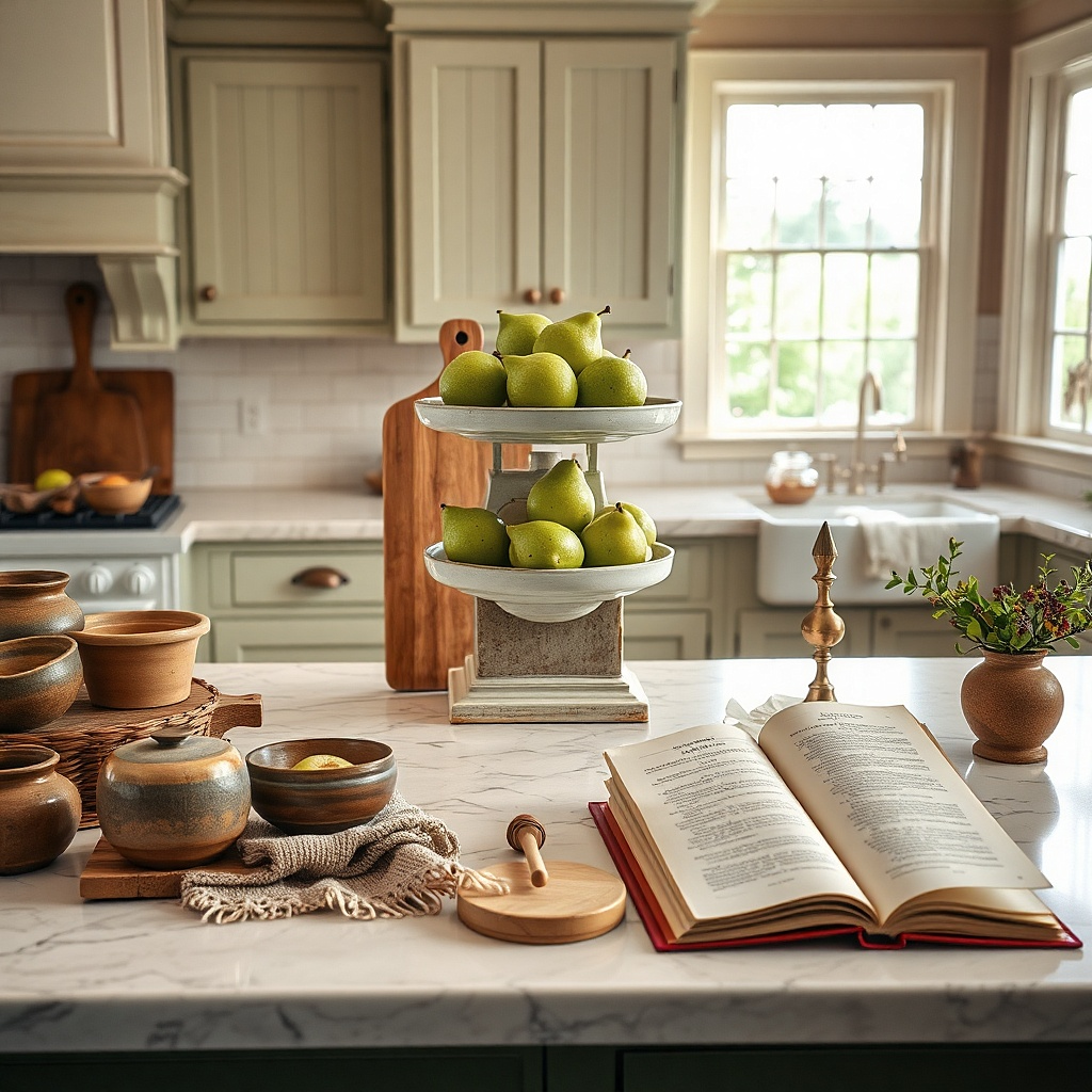 Old kitchen scale holding green pears beside a tiled backsplash
