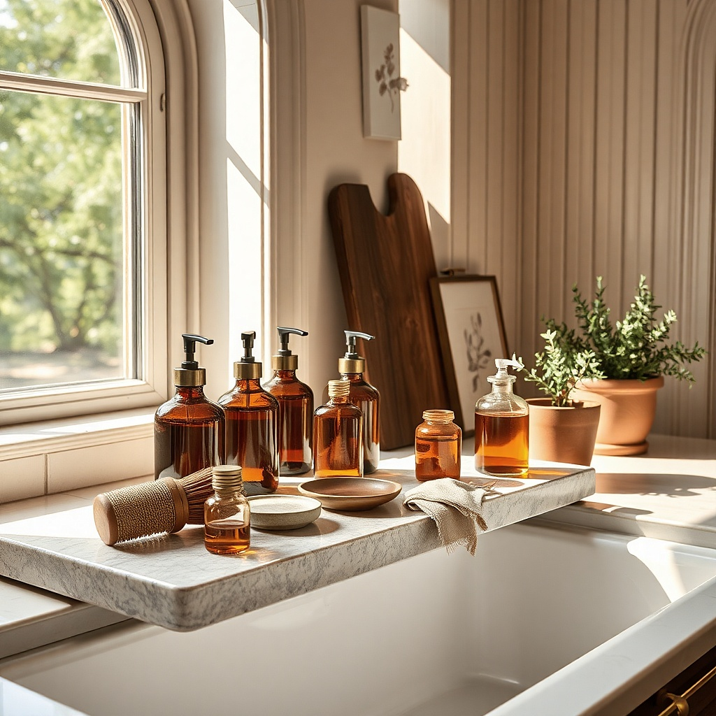 Two amber bottles on a slim marble slab near a kitchen sink