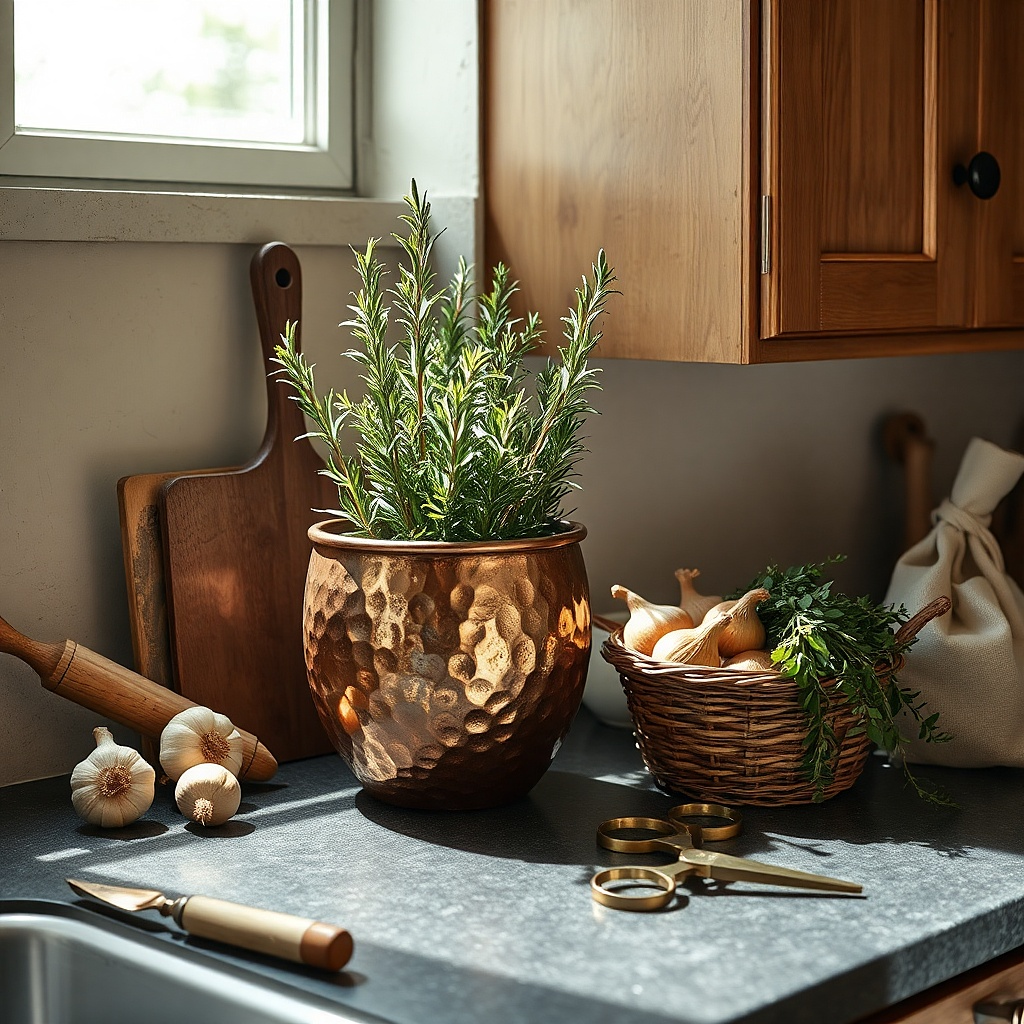 Small copper pot holding rosemary in a kitchen counter corner