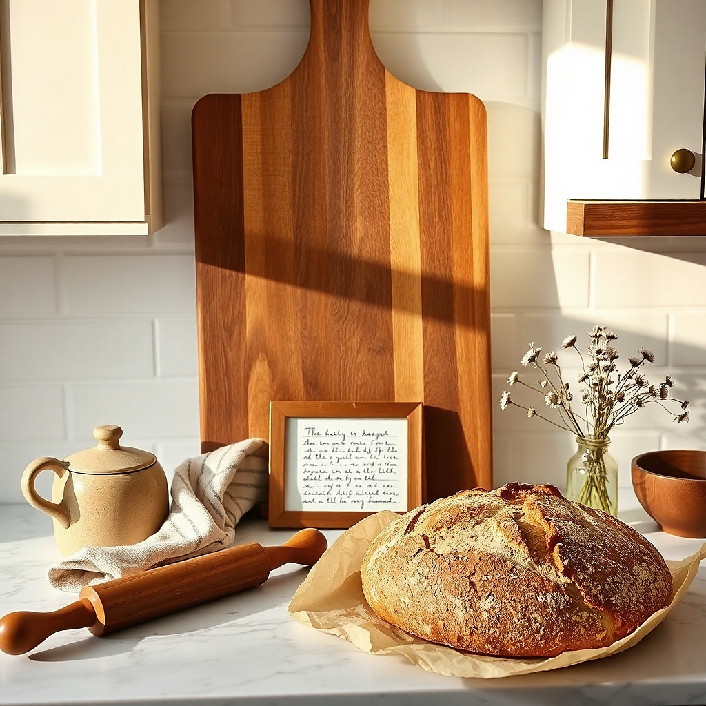 Wood bread board with a small framed recipe card on a counter