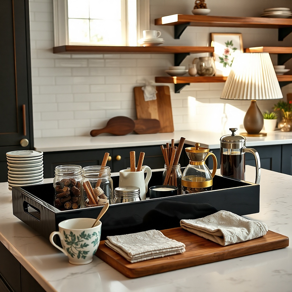 Black tray with glass jars and a vintage tea tin on a small counter