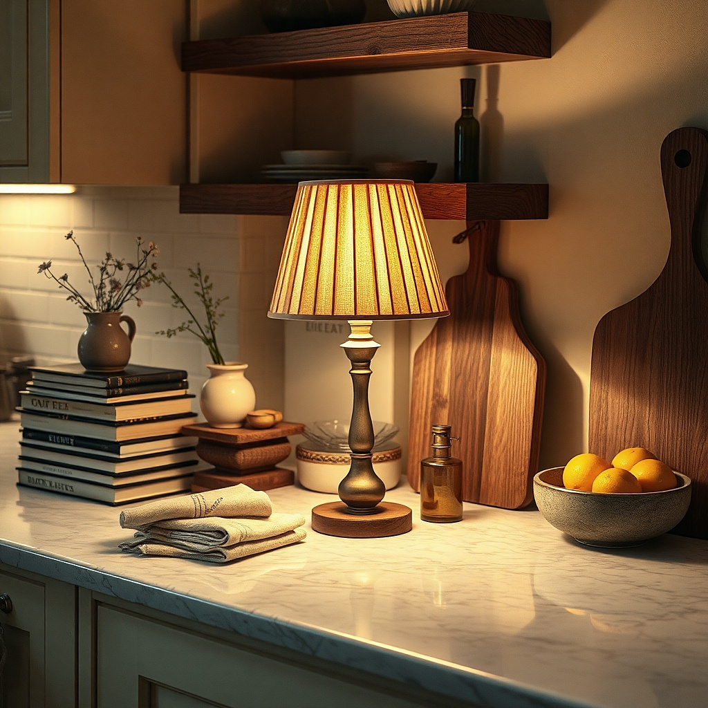 Small lamp with a pleated shade on a kitchen counter corner