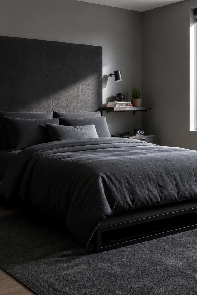 Charcoal platform bed with a tall fabric headboard and gray bedding