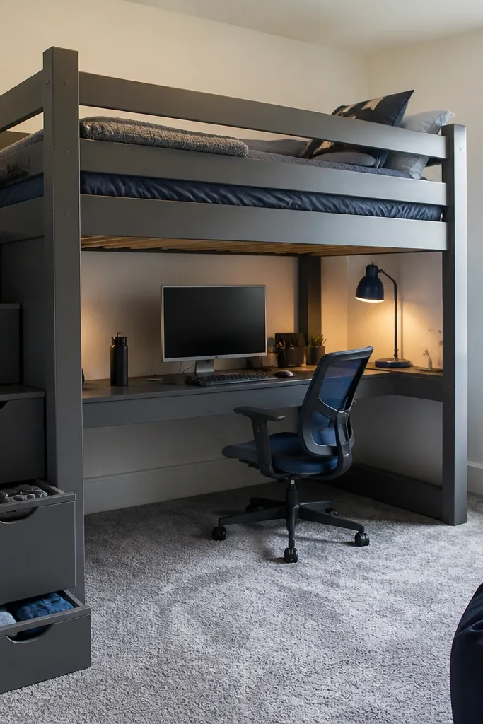 Loft bed with a desk area underneath and drawers built into the steps