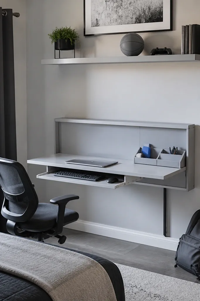 White fold-down desk mounted on the wall with a slim shelf above