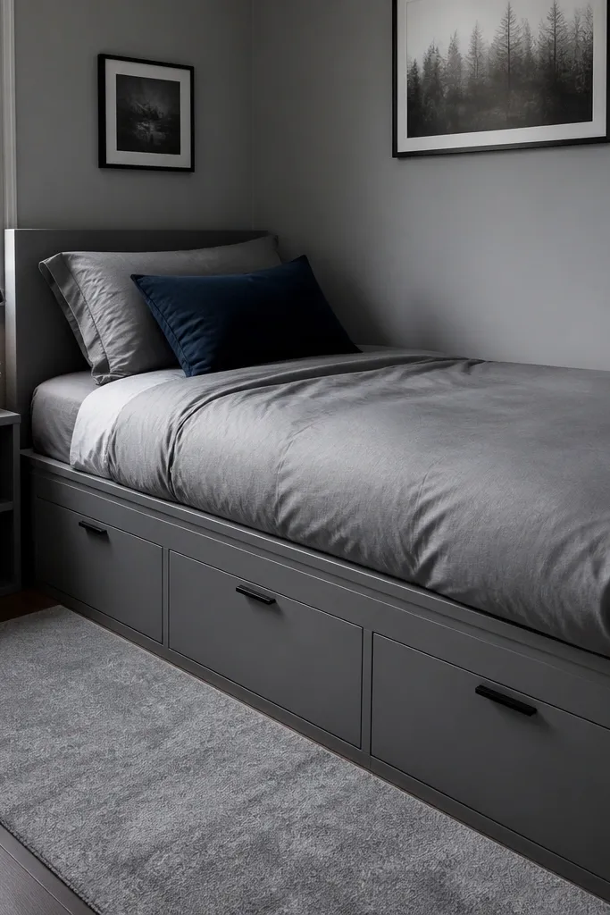 Bed with under-bed drawers and a low pile gray rug beneath