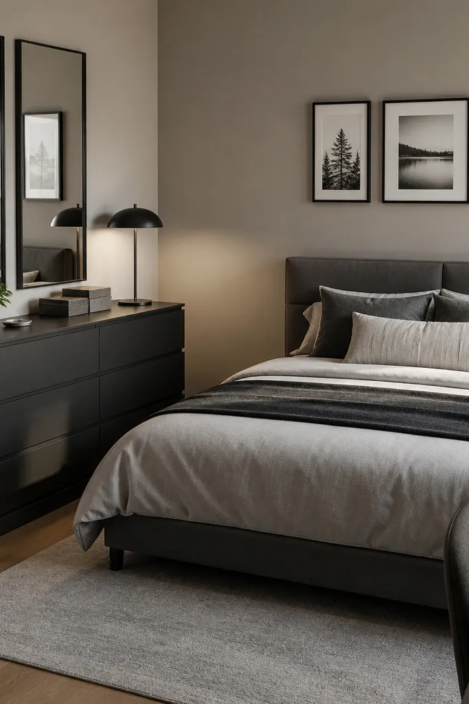Slim dresser with vertical mirror panels and framed prints on the wall