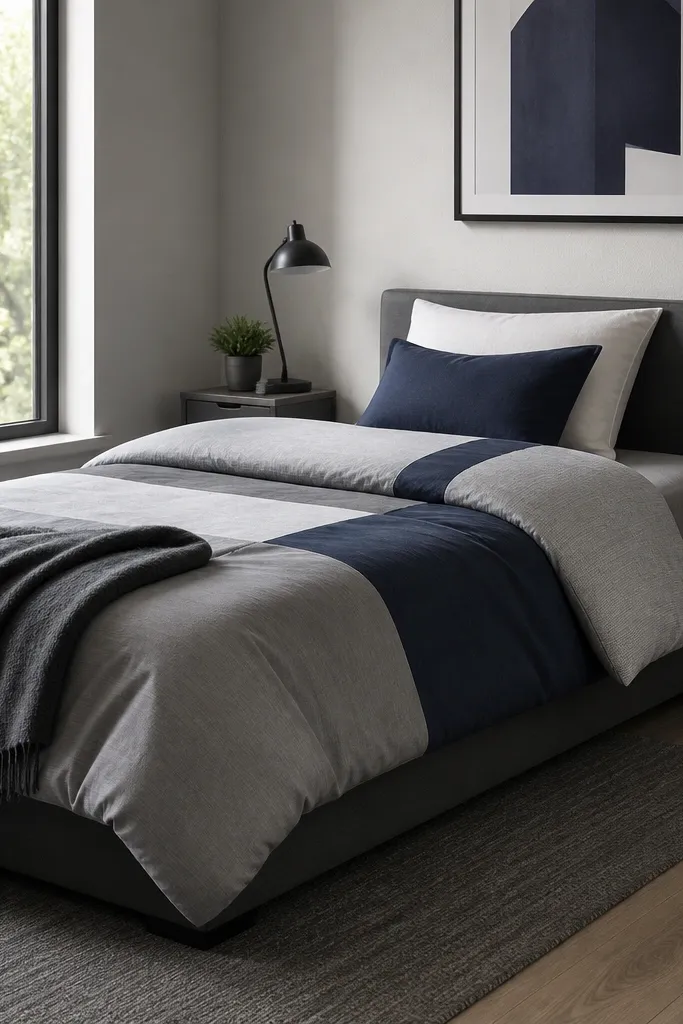 Modern bedding in gray with a navy accent stripe and minimal pillows
