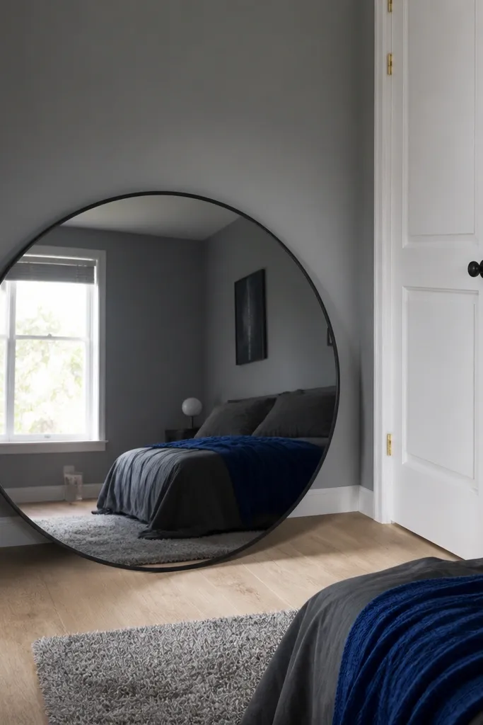 Large round floor mirror near a closet door with a simple bench