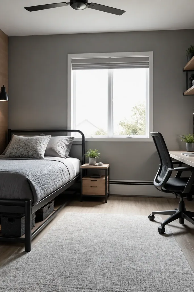 Metal bed with a small under-shelf organizer and a tidy cable tray