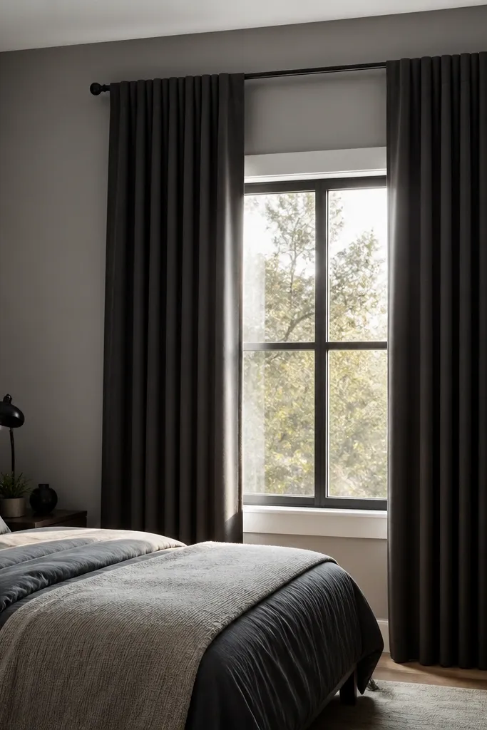 Curtains hung high with a wide rod and a clean bed wall