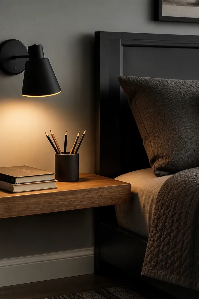 Floating nightstand ledge with a small lamp and wall sconce