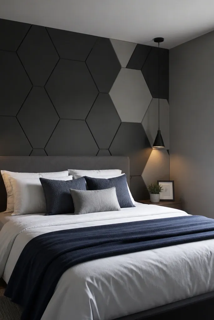 Accent wall with matte geometric panels behind the bed and simple bedding