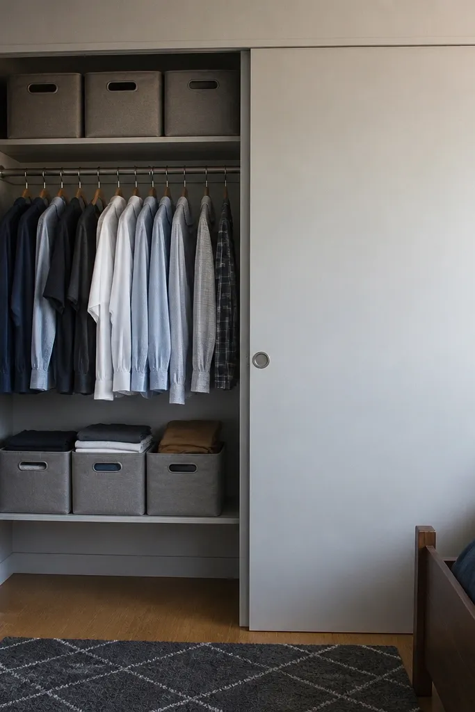 Wardrobe with sliding doors in light gray and a clean trim line