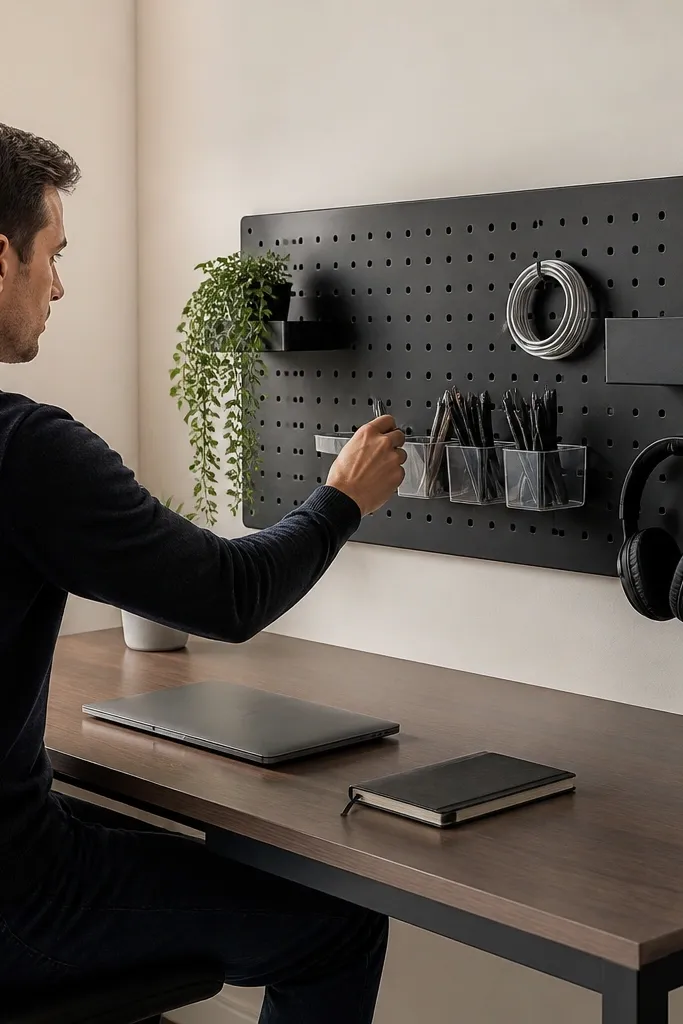 Pegboard wall behind desk with labeled organizers and minimal decor
