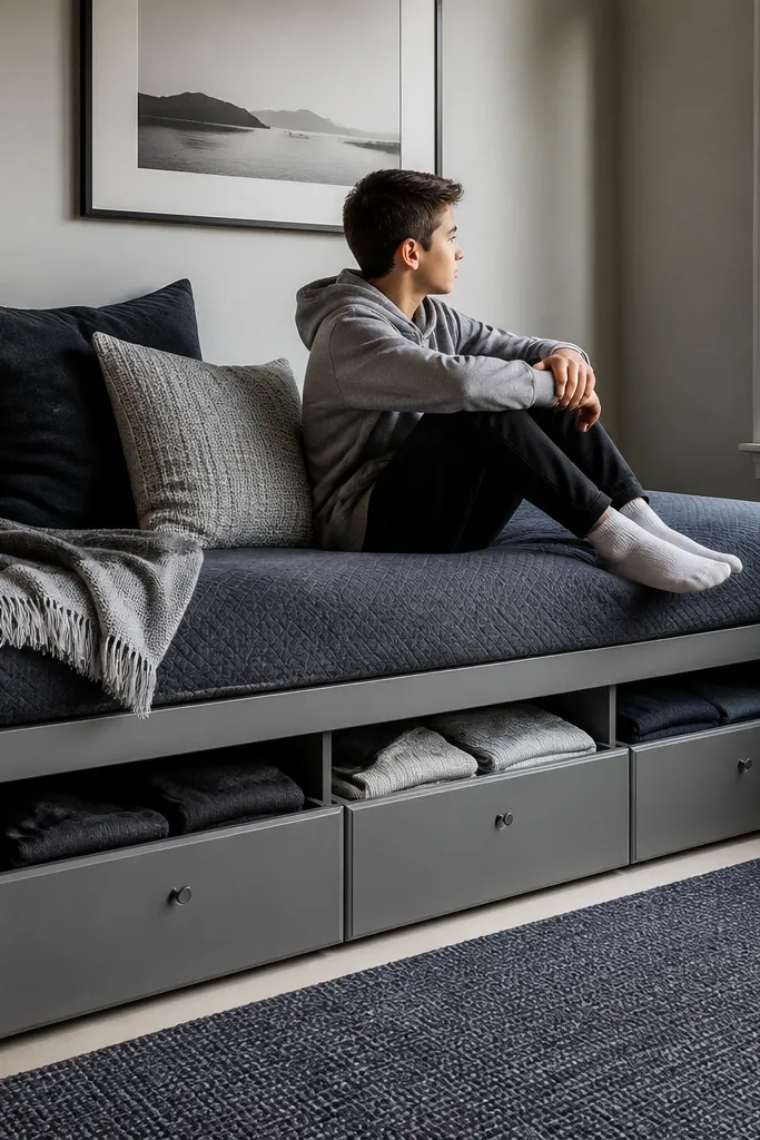 Low daybed with drawers and a modern gray cover